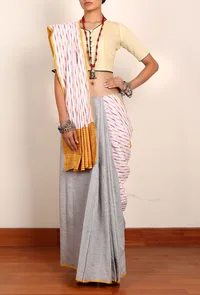 Light Grey & Yellow Ikat South Cotton Saree image 2