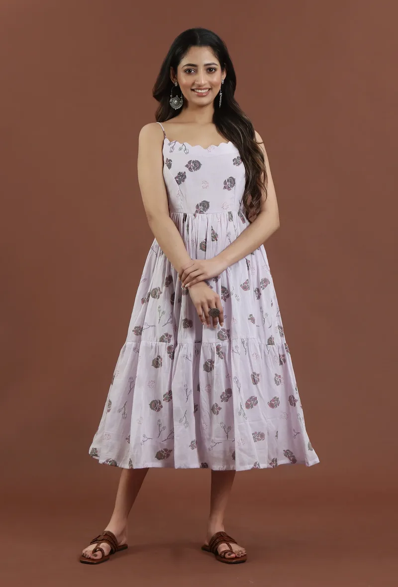 Hand Block Printed Cotton Midi Dress with Spaghetti Straps
