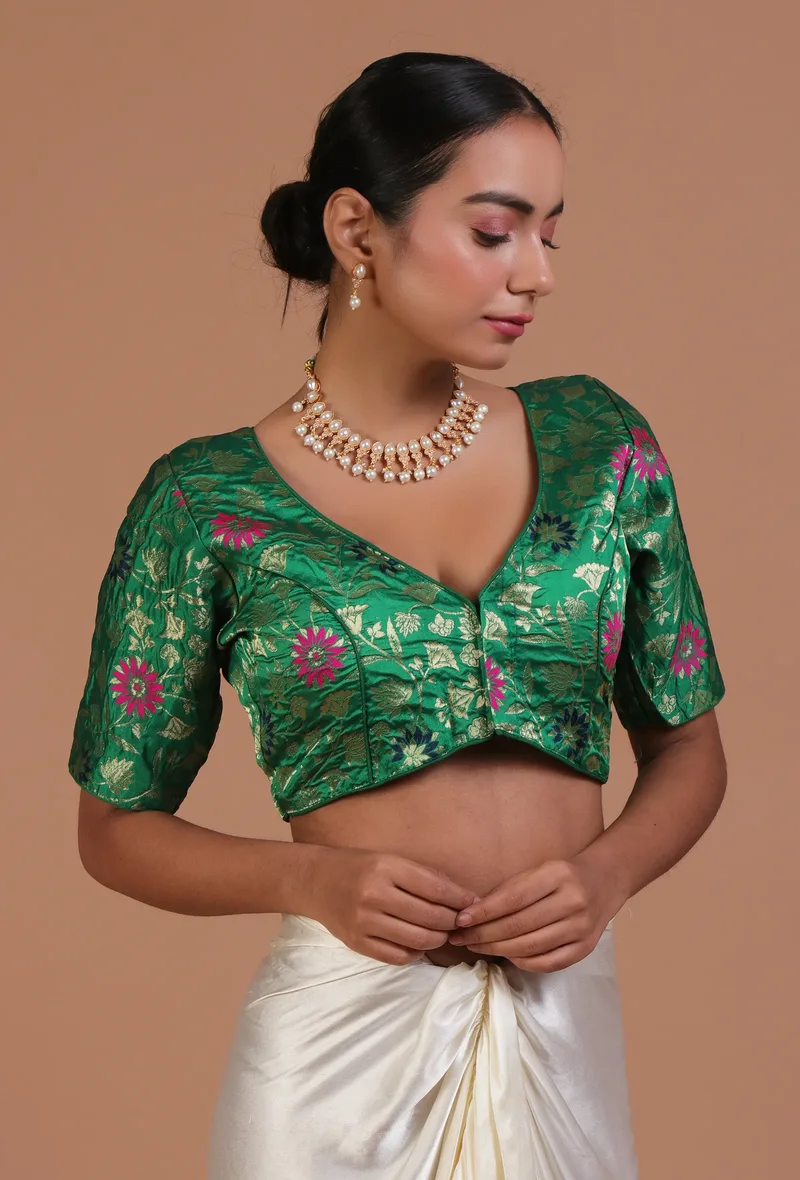 Light Green Color Raw Silk Embroidered Blouse