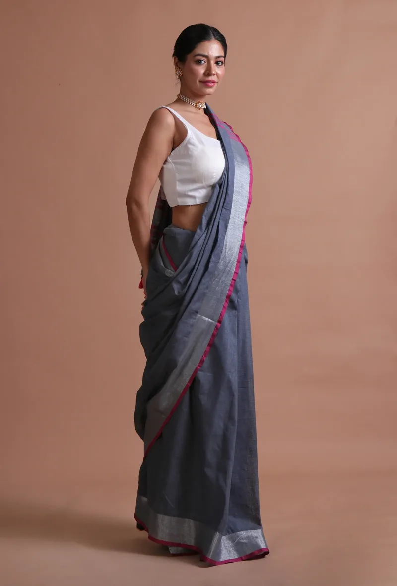 Grey & Pink Color Cotton Linen Saree With Unstitched Blouse