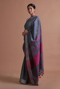 Grey & Pink Color Cotton Linen Saree With Unstitched Blouse image 2