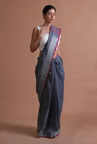 Grey & Pink Color Cotton Linen Saree With Unstitched Blouse image 3