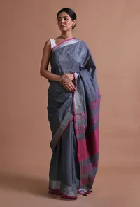 Grey & Pink Color Cotton Linen Saree With Unstitched Blouse image 4