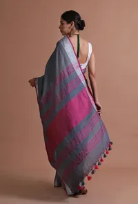 Grey & Pink Color Cotton Linen Saree With Unstitched Blouse image 5