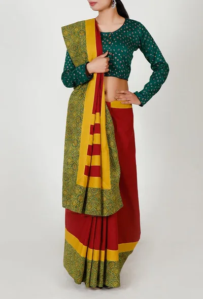 Ajrakh Bordered Red & Yellow Cotton saree