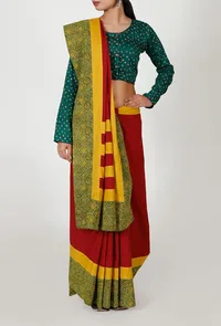 Ajrakh Bordered Red & Yellow Cotton saree image 2
