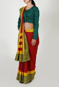 Ajrakh Bordered Red & Yellow Cotton saree image 3