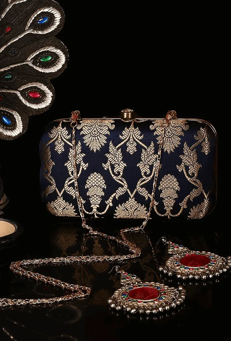 Deep Blue Brocade Box Clutchwith Sling (8 X 2 X 4.5)
