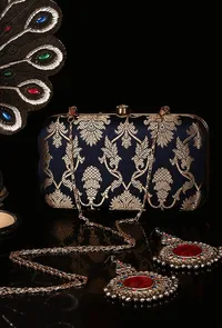 Deep Blue Brocade Box Clutchwith Sling (8 X 2 X 4.5) image 1