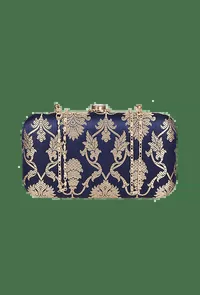 Deep Blue Brocade Box Clutchwith Sling (8 X 2 X 4.5) image 2