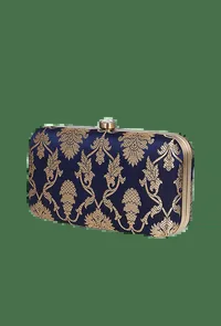 Deep Blue Brocade Box Clutchwith Sling (8 X 2 X 4.5) image 3