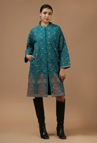 Teal Kashmiri Aari Embroidered Woollen Long Jacket image 1