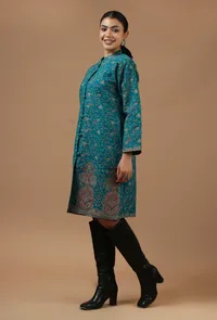 Teal Kashmiri Aari Embroidered Woollen Long Jacket image 2