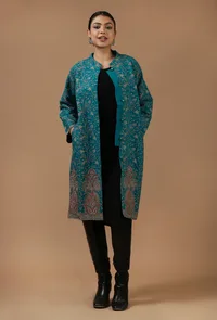 Teal Kashmiri Aari Embroidered Woollen Long Jacket image 3