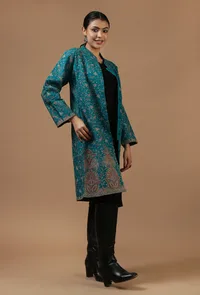 Teal Kashmiri Aari Embroidered Woollen Long Jacket image 4