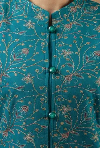 Teal Kashmiri Aari Embroidered Woollen Long Jacket image 6