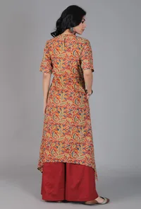 Set Of 2-Beige Kalamkari Embroidered Neck Assymetrical Kurta With Maroon Cotton Slub Flared Pants image 3