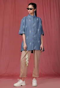 Set of 2: Blue Handblock Printed Linen Shirt with Brown Linen Pants image 1