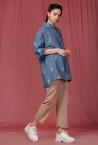 Set of 2: Blue Handblock Printed Linen Shirt with Brown Linen Pants image 3