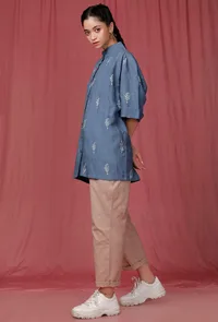 Set of 2: Blue Handblock Printed Linen Shirt with Brown Linen Pants image 4