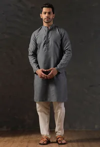 SET Of 2: Steel Grey Silk Kurta with Cotton Pyjama image 1