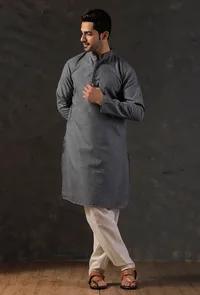 SET Of 2: Steel Grey Silk Kurta with Cotton Pyjama image 2