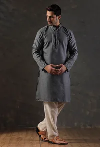 SET Of 2: Steel Grey Silk Kurta with Cotton Pyjama image 3