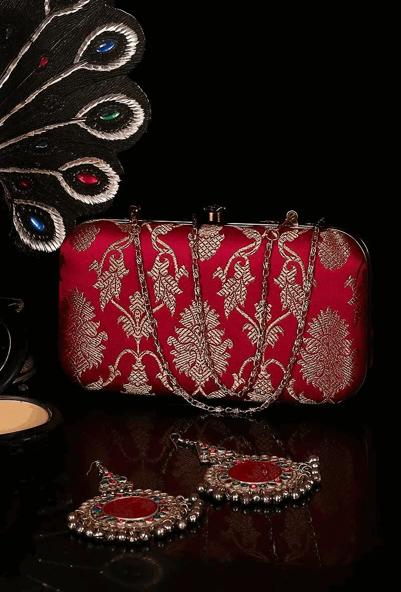 Amaranth Brocade Box Clutchwith Sling (8 X 2 X 4.5)