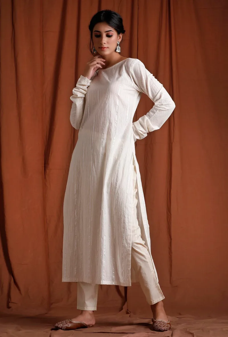 Set of 2: Off White Silver Cotton Long Kurta with White Cotton Pants