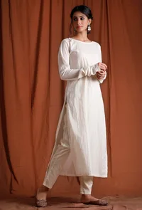 Set of 2: Off White Silver Cotton Long Kurta with White Cotton Pants image 3