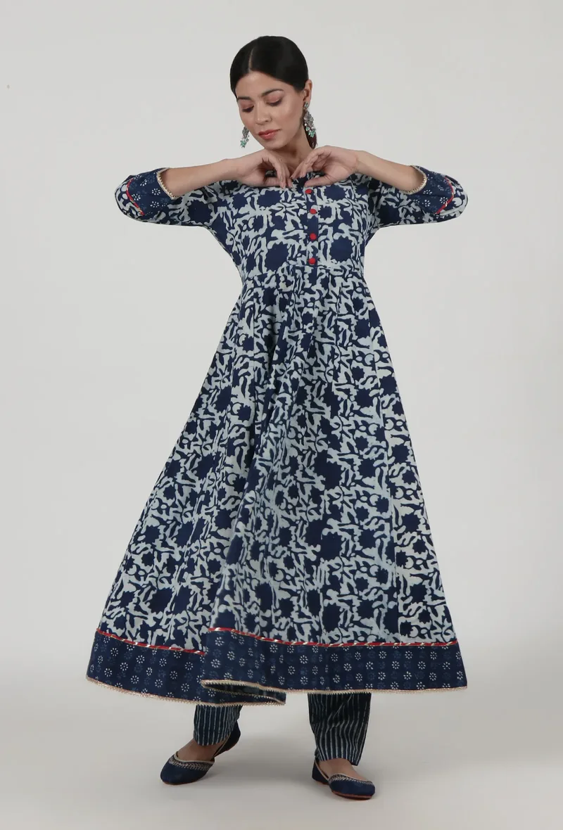 Indigo Printed Blue Cotton Anarkali