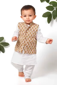 Set of 3 - Linus Brown Jacket with White Kurta Pyjama Set image 1