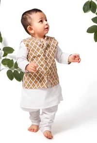 Set of 3 - Linus Brown Jacket with White Kurta Pyjama Set image 2