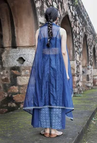 Set Of 3:Vidya Indigo Blue Bustier Top, Palazzo & Zari Embroidered Organza Shrug image 2