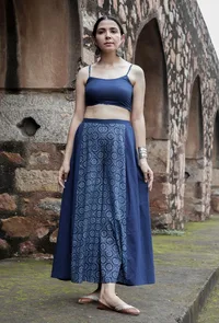 Set Of 3:Vidya Indigo Blue Bustier Top, Palazzo & Zari Embroidered Organza Shrug image 3