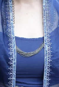 Set Of 3:Vidya Indigo Blue Bustier Top, Palazzo & Zari Embroidered Organza Shrug image 5