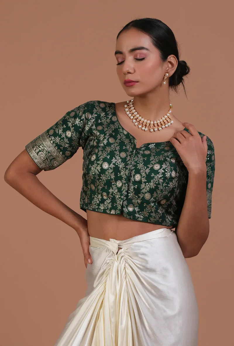 Bottle Green Color Raw Silk Embroidered Blouse