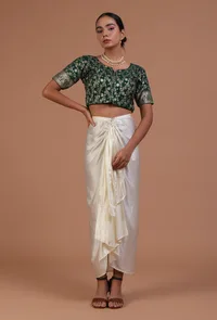 Bottle Green Color Raw Silk Embroidered Blouse image 2