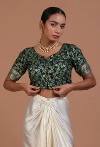 Bottle Green Color Raw Silk Embroidered Blouse image 4