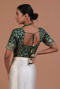 Bottle Green Color Raw Silk Embroidered Blouse image 6