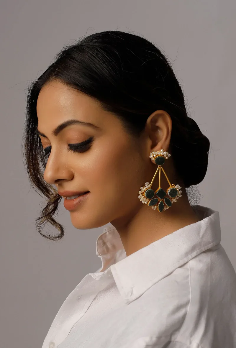 Steal Blue Stone Pearl Earrings