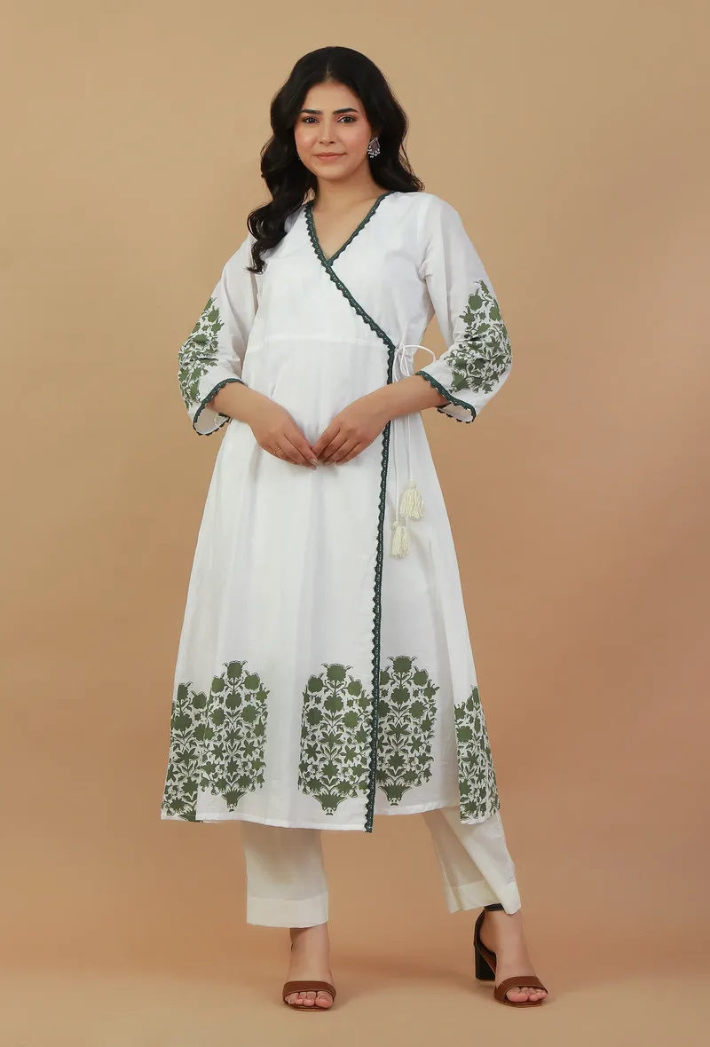 Set of 2: White & Green Block Printed Wrap Kurta with White Cotton Pants