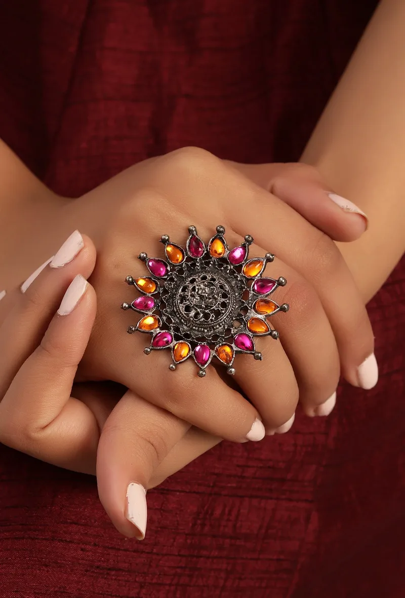 Trendy Flower Shaped Pink Adjustable Ring