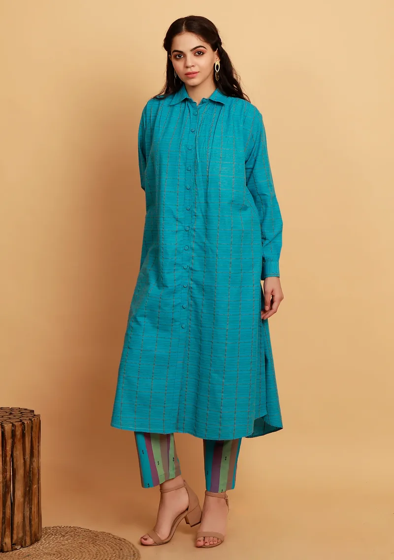 Set of 2:  Blue Checked Long Shirt Kurta With Blue Stripe Straight Pants