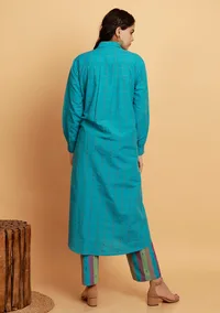 Set of 2:  Blue Checked Long Shirt Kurta With Blue Stripe Straight Pants image 2