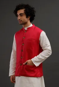 Scarlet Red Woollen Blend Nehru Jacket image 2
