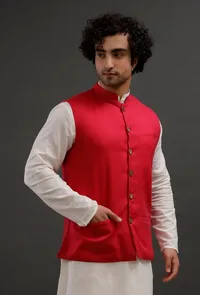 Scarlet Red Woollen Blend Nehru Jacket image 3