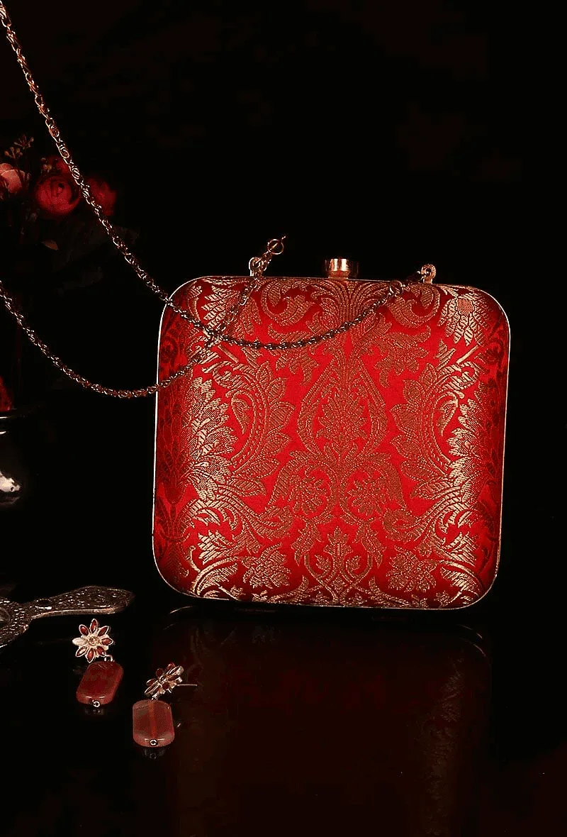 Garnet Red Brocade Box Clutch with Sling (6.5 X 2 X 6)