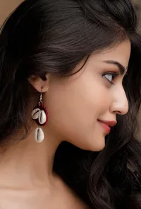 Scarlet Red Cowrie Shell Tribal Earrings image 1