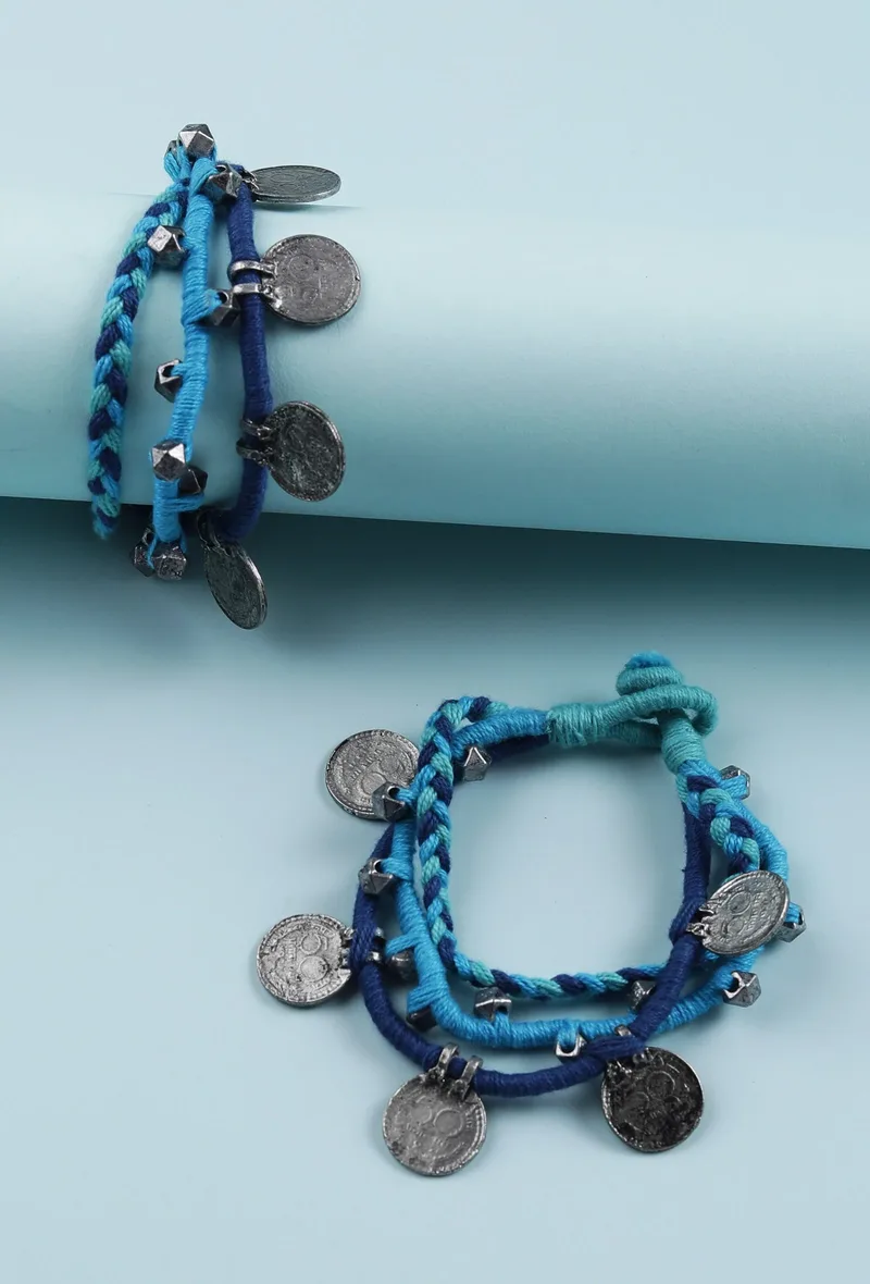 Set of 2: Blue Threaded German Silver Anklet